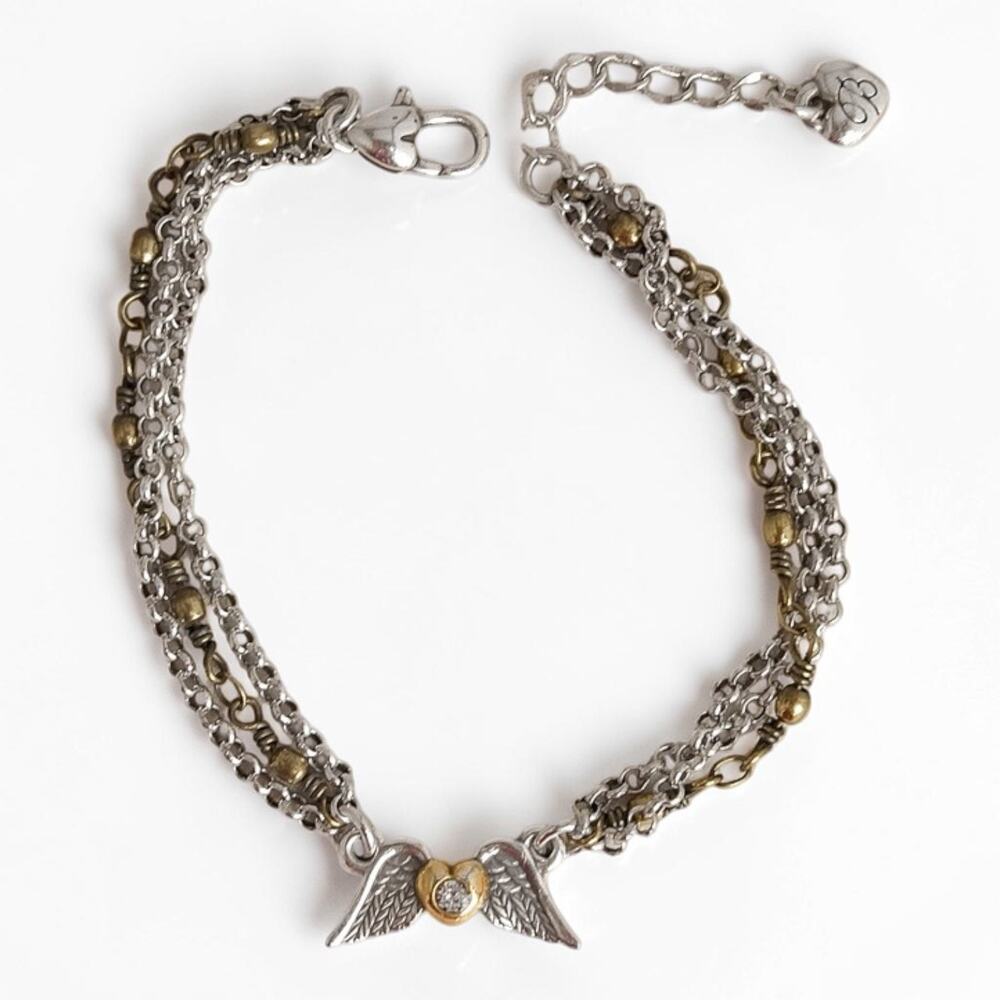 Brighton Angel Wings Heart Three Strand Chain Bracelet Two Tone Gold Silver 7-8"
